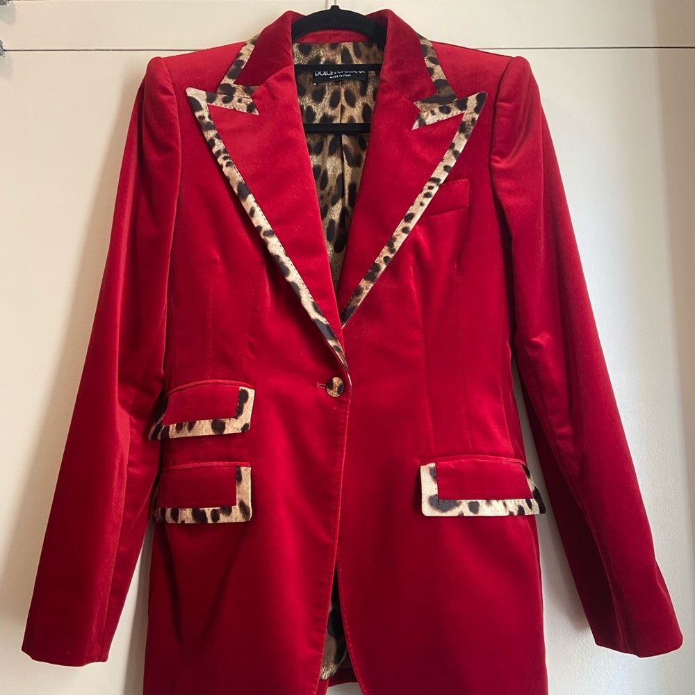 Dolce & Gabbana Red Velvet Blazer with Leopard / Animal Accents